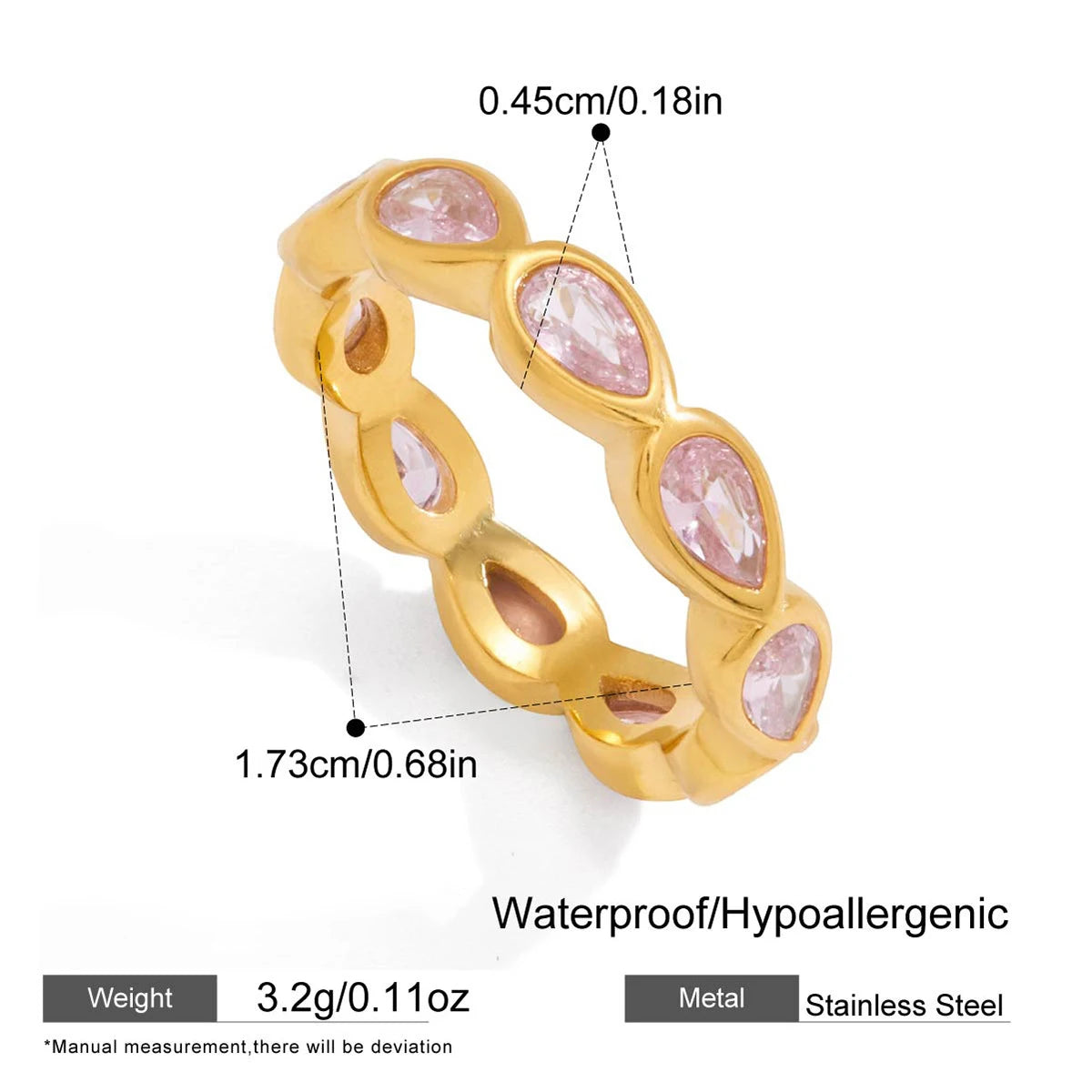 18K Gold Plated 316 Stainless Steel Pink Zircon Waterdrop Knuckle Ring Vintage
