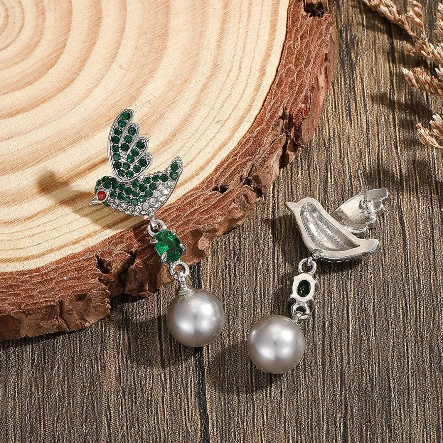 Simulated Pearl Bird Stud Earrings with Crystal Cubic Zirconia for Women Girls