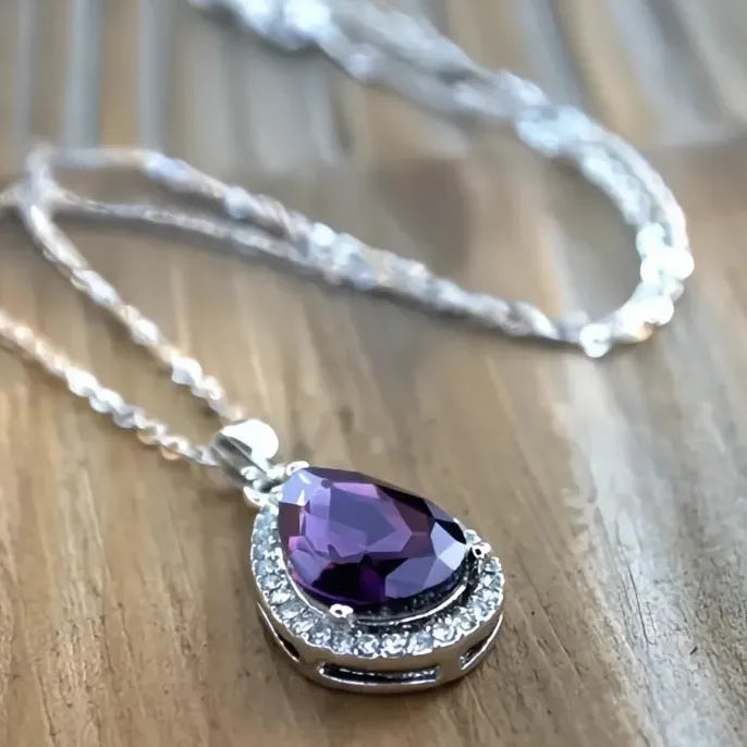 Purple Cubic Zirconia Geometric Waterdrop Pendant Necklace 45CM Copper Alloy