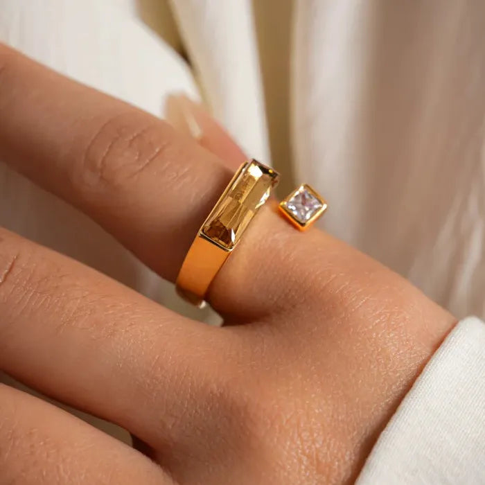Copper Adjustable Square Rhinestone Ring for Women Men Banquet Jewelry Gift