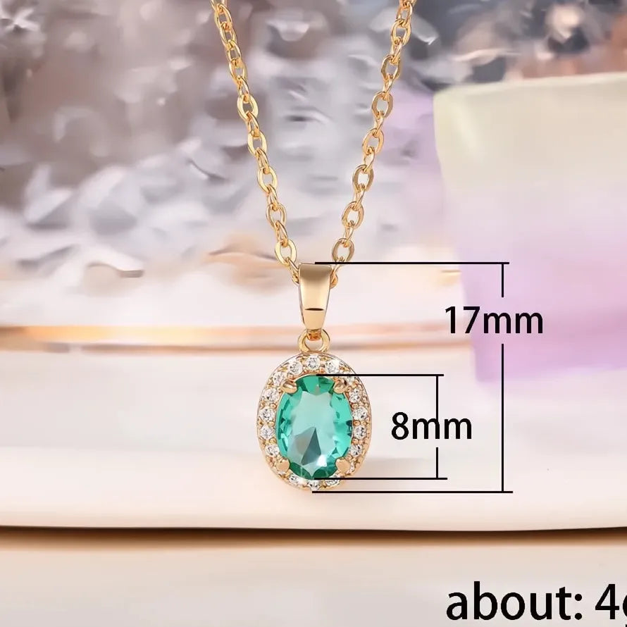 Oval Green CZ Cubic Zirconia Pendant Necklace for Women Wedding Gift