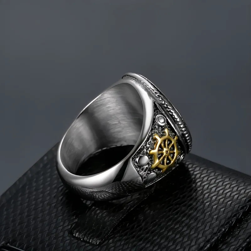 Vintage Men's Pirate Skull Double Knife Signet Ring 316L Stainless Steel Gold Silver Compass Goth Punk US 7-13