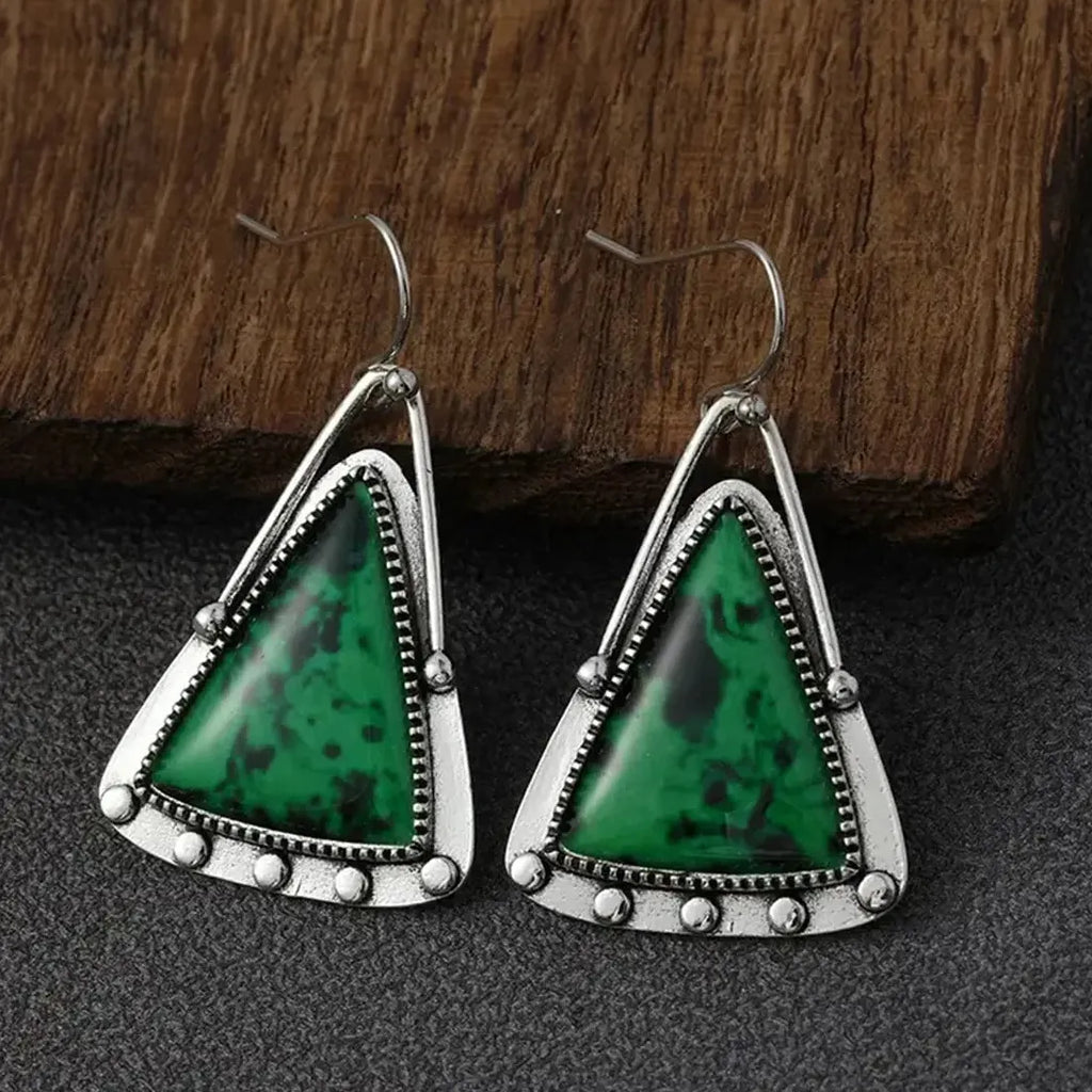 Vintage Asymmetric Green Flower Water Drop Earrings Zinc Alloy Metal Jewelry