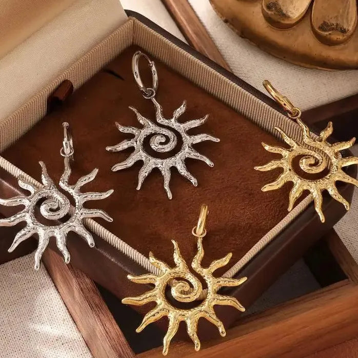 Vintage Stainless Steel Spiral Sunflower Drop Earrings for Women Gold Silver