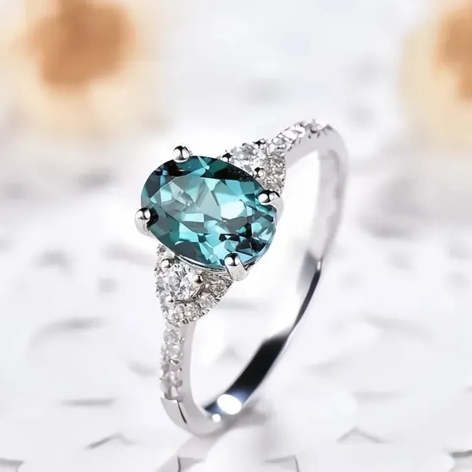 Oval Blue Cubic Zirconia Brass Geometric Wedding Band Ring for Women