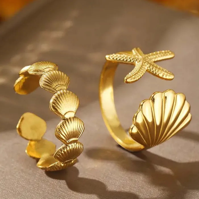 3Pcs Adjustable Stainless Steel Starfish Rings Set for Women Vintage Gold Jewelry