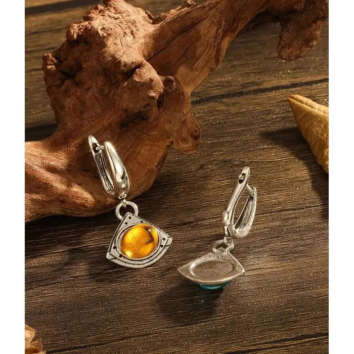 Silver Geometric Triangle Drop Earrings with Yellow & Blue Gemstones for Women