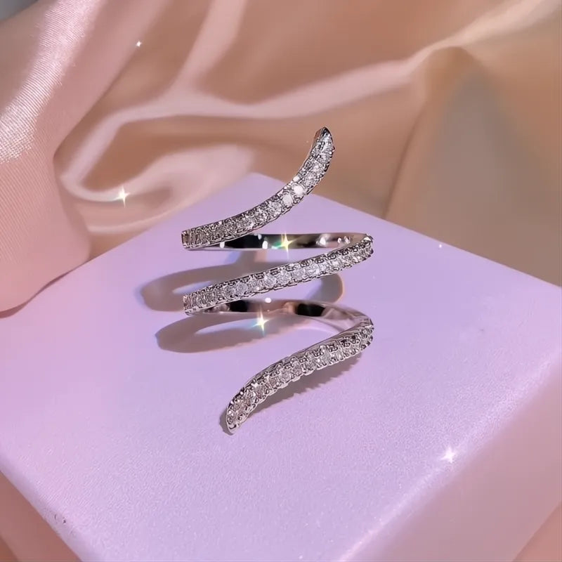 One Size Adjustable Wrapped Finger Ring for Women Silver Color Full Paved Sparkling CZ Cubic Zirconia Statement Jewelry