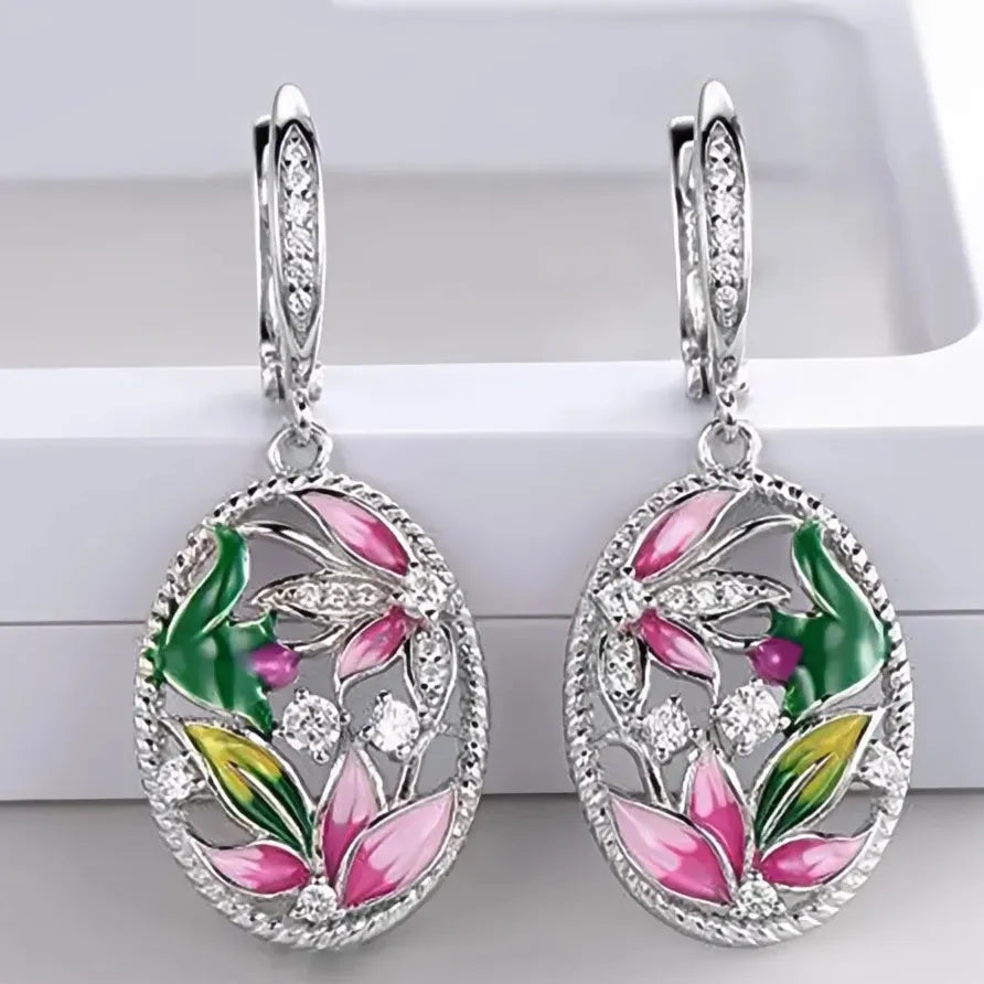 Geometric Floral Cubic Zirconia Dangle Earrings for Women Wedding Gift