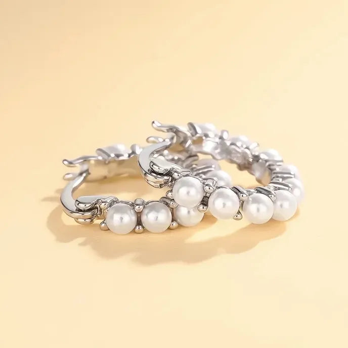 Elegant Geometric Simulated Pearl Hoop Earrings for Women Silver Color Brass Alloy Jewelry
