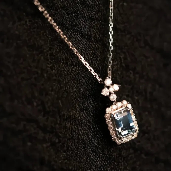 Light Blue Square Cubic Zirconia Pendant Necklace for Women Wedding