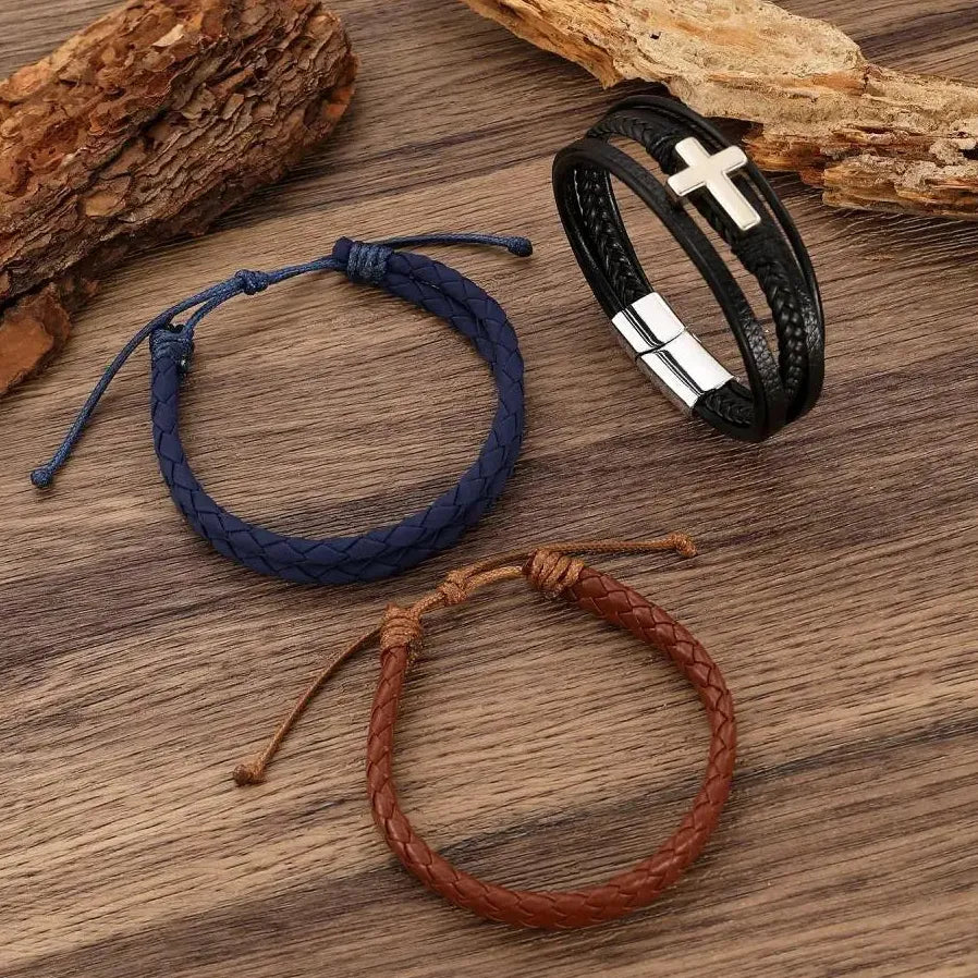 Hip Hop Punk Cross Double-Layer Handmade Woven Leather Adjustable Bracelet Men Women