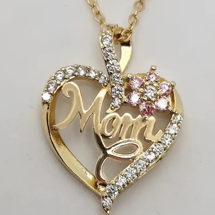 Mother's Day Pendant Necklace for Mom Copper Alloy Pink Flower CZ Jewelry