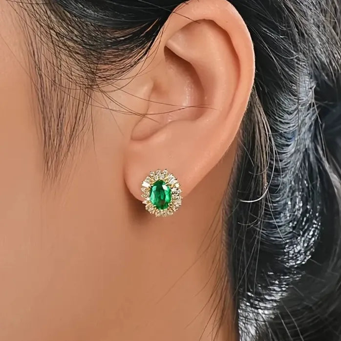 Women's Geometric Hoop Earrings with Green Cubic Zirconia Brass Alloy