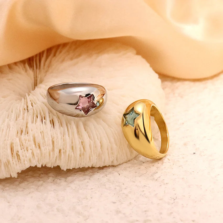 Stainless Steel Pink Star Crystal Chunky Dome Ring Women Sparkle CZ Zircon Knuckle Ring