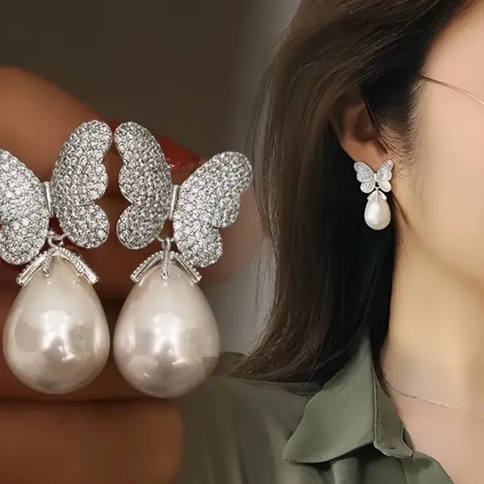 Elegant Butterfly Drop Earrings with Pearl Cubic Zirconia Jewelry for Women