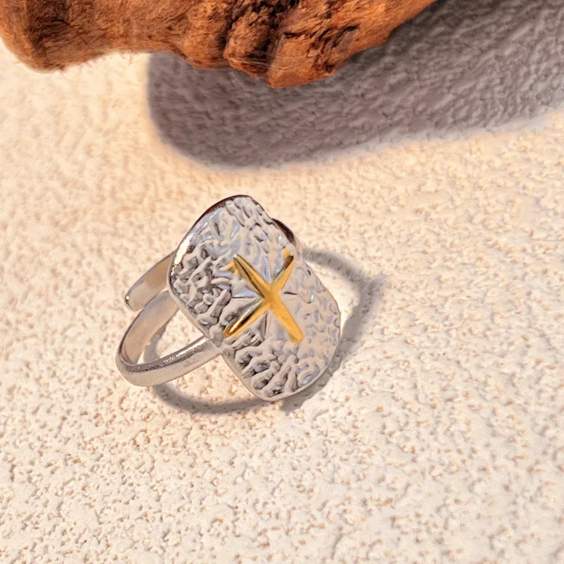 18K Gold Plated Stainless Steel Two-Tone Geometric Ripple Open Knuckle Ring
