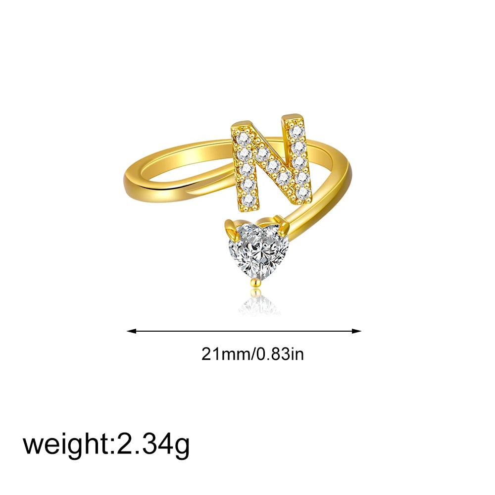 Polished Gold Plated Copper A-Z Letter Initial Ring with Zircon Heart Wedding Jewelry