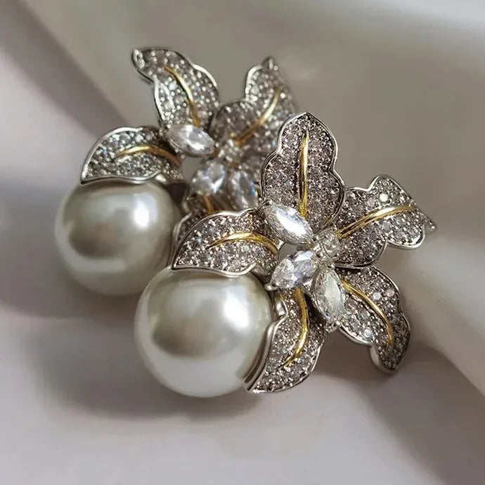 Flower Imitation Pearl Earrings Women Luxury CZ Stone Inlaid Zinc Alloy Studs