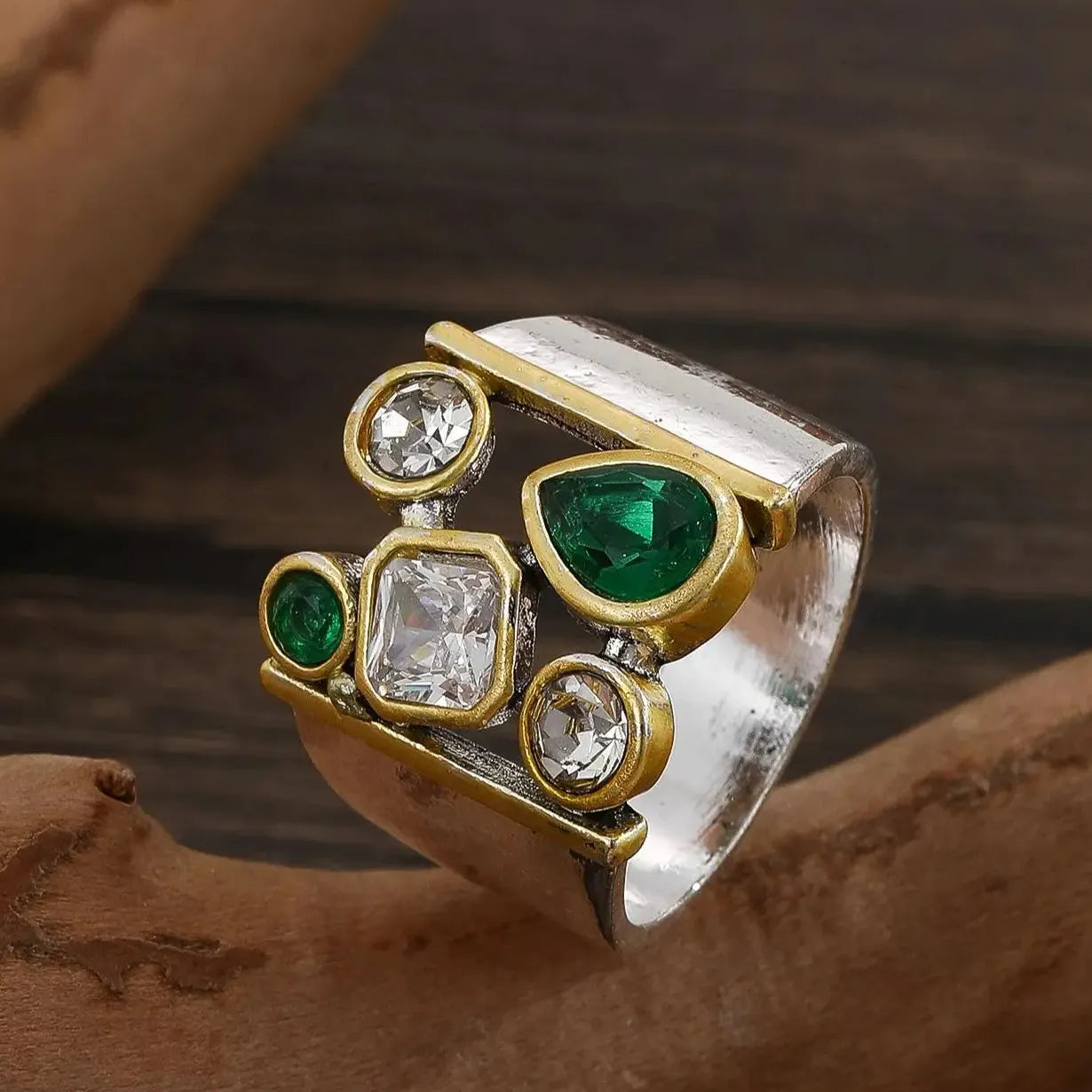 Vintage Silver Color Women's Ring Wide Creative Imitation Crystal Zinc Alloy Jewelry