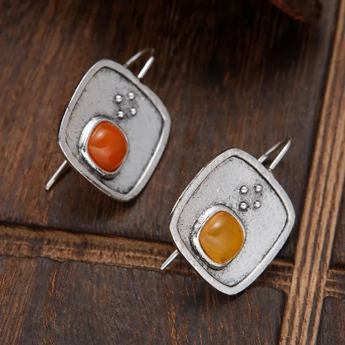 Classic Round Orange Stone Women's Earrings Silver Metal Square Pendant Jewelry