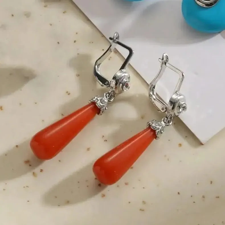 Vintage Copper Drop Earrings with Sparkling Zircon Red Coral Stone for Women