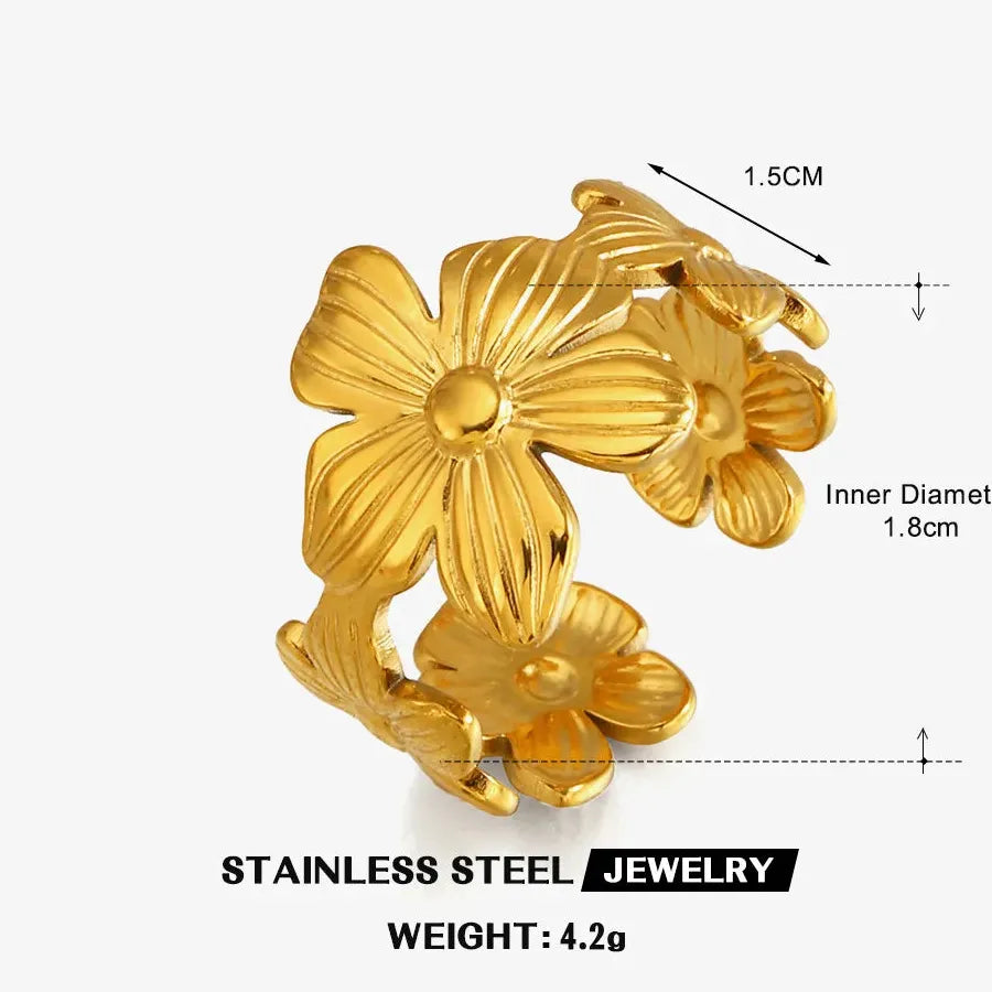 Adjustable Stainless Steel Flower Plant Ring for Women and Girls Jewelry