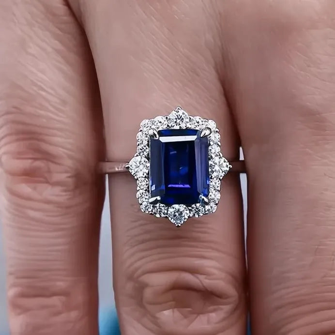 Geometric Blue Cubic Zirconia Women's Wedding Engagement Ring Stylish Design