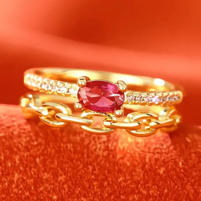 Gold Red Cubic Zirconia Women's Geometric Wedding Party Band Ring
