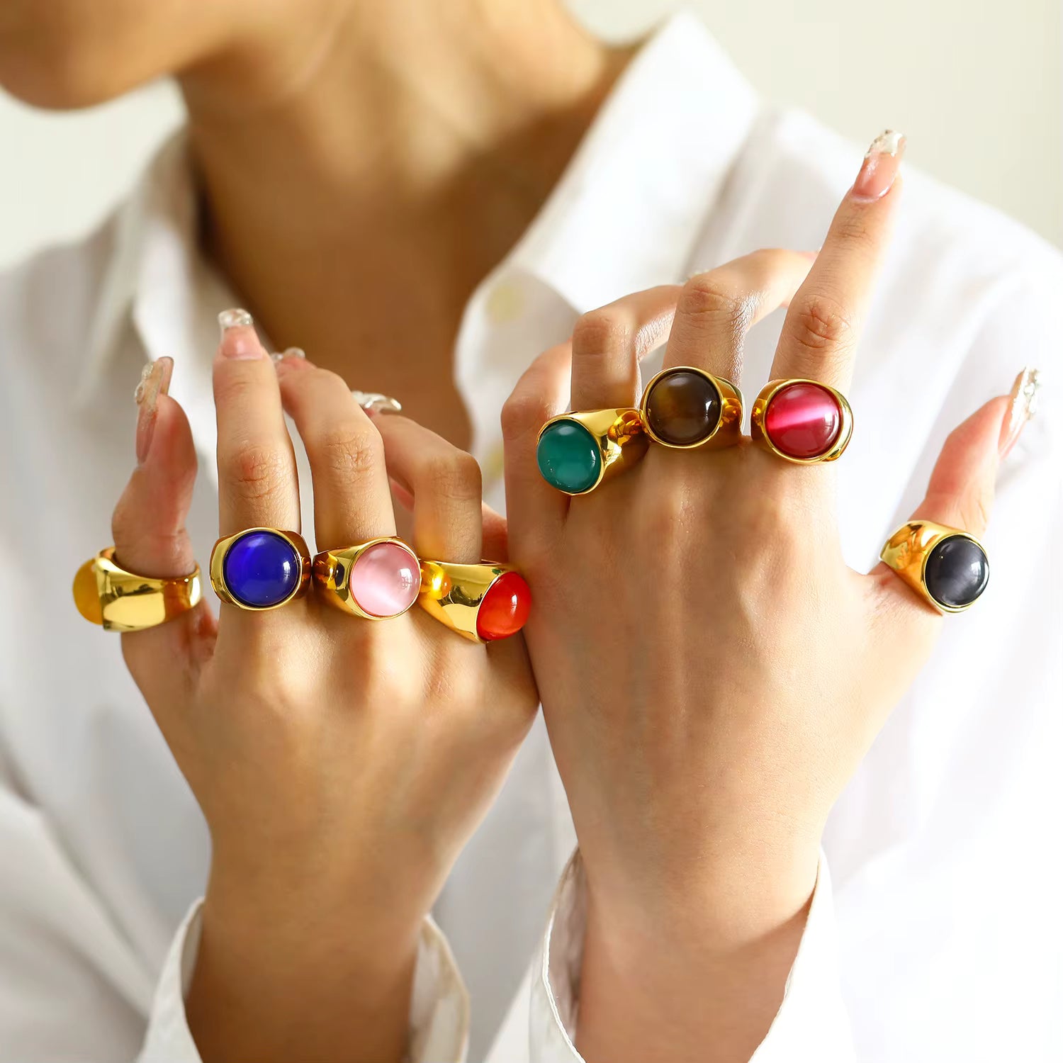 18K Gold Plated Stainless Steel Opal Ring Chunky Geometric Wedding Band Hypoallergenic