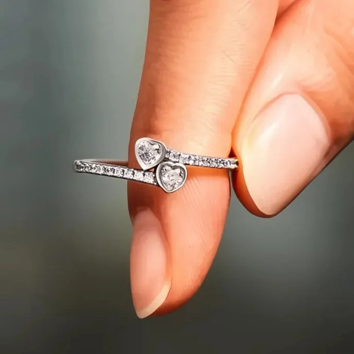 Double Heart Shaped Brass Ring for Women Cubic Zirconia Wedding Band Fashion Jewelry