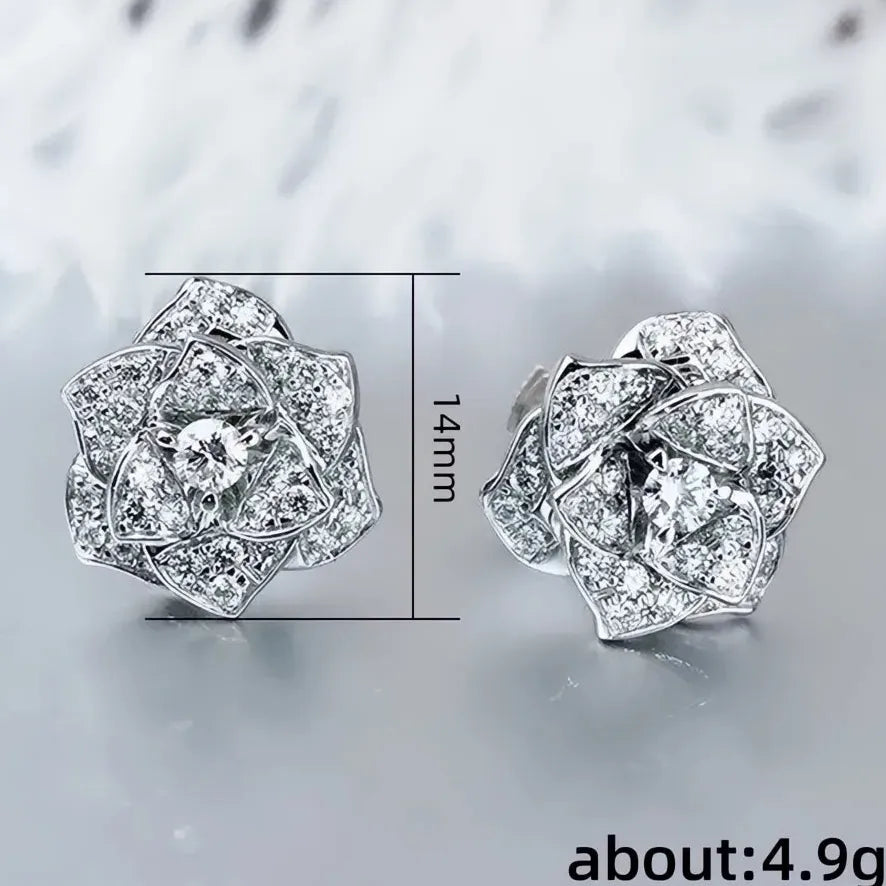 Geometric Flower Cubic Zirconia Stud Earrings Silver Gold Bridal Jewelry