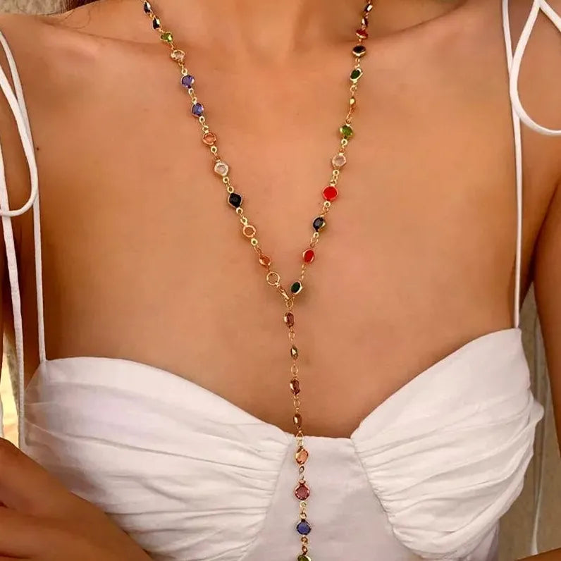 Vintage Colorful Rhinestone Gold Tassel Necklace Women Party Jewelry Gift