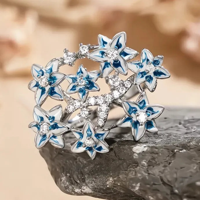 Blue Flower Women Ring Shiny CZ Inlaid Brass Cocktail Party Anniversary Gift