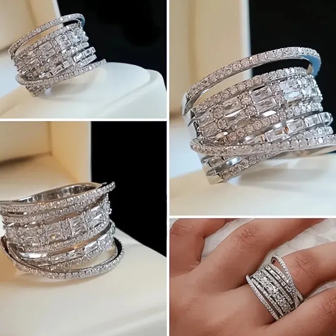 Fashion Multilayered Wide Geometric Cubic Zirconia Ring Brass Wedding Party Jewelry for Women