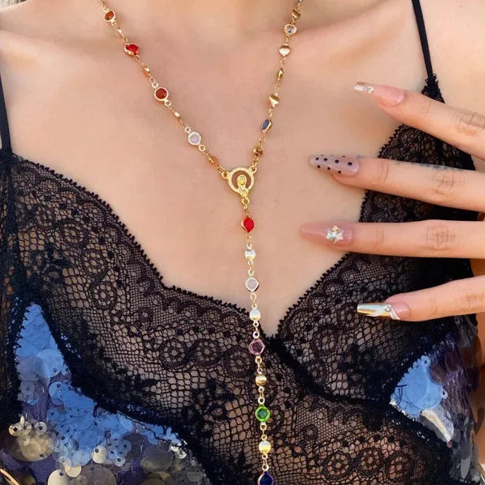 Bohemian Y-Shaped Copper Necklace with Colorful Crystal Zircon Gold Chain
