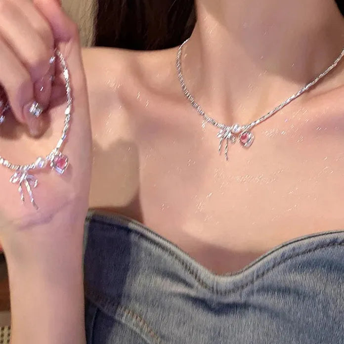 Y2K Pink Zircon Bowknot Necklace & Bracelet Set for Women Zinc Alloy