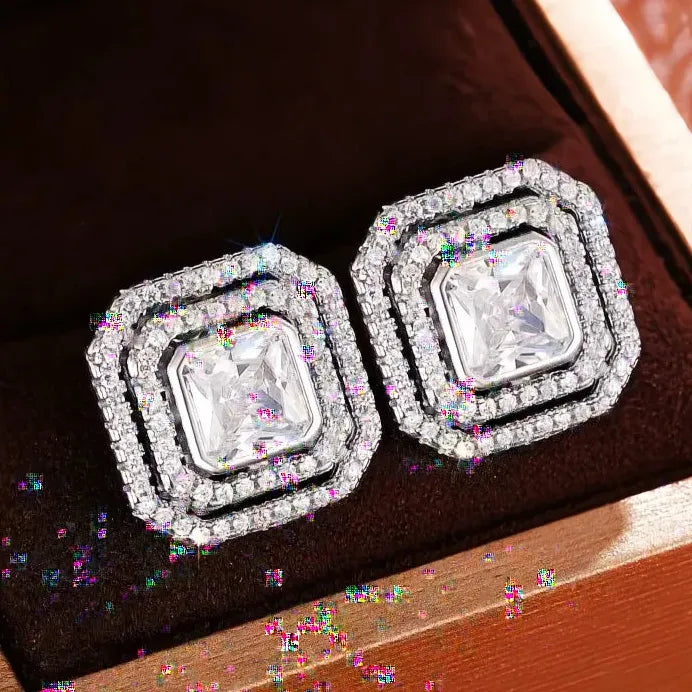 Geometric Square Cubic Zirconia Stud Earrings for Women Daily Party Wear
