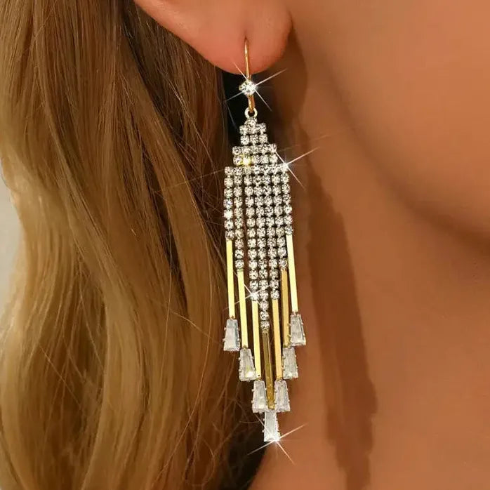 Luxury Copper Zircon Geometric Tassel Drop Earrings for Women Stylish Gift