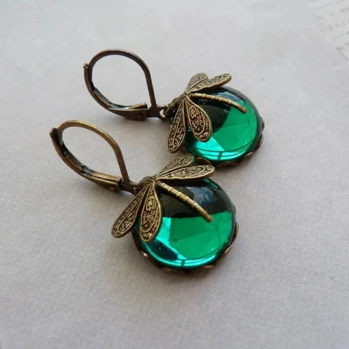 Vintage Bronze Dragonfly Drop Earrings with Moonstone Inlaid Zinc Alloy Jewelry for Women