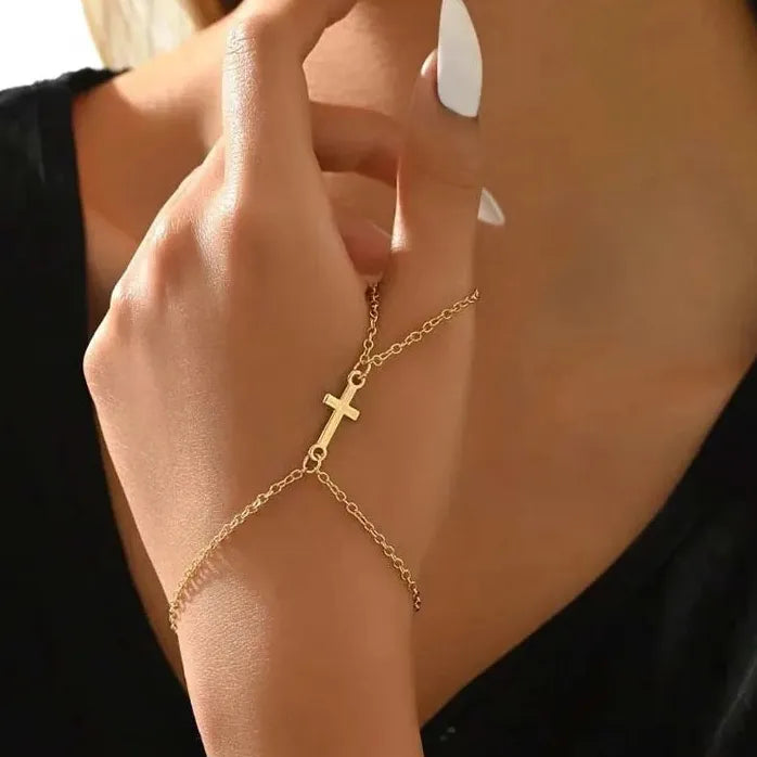 Gold Pearl Cross Hand Chain Bracelet Rings for Women Girls Jewelry Gift