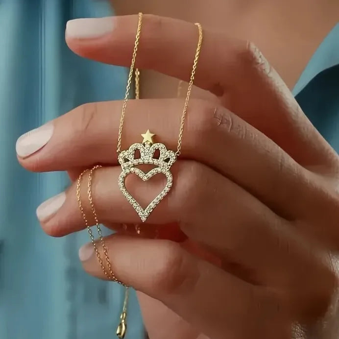 Sweet Crown Heart Pendant Necklace for Women CZ Anniversary Gift