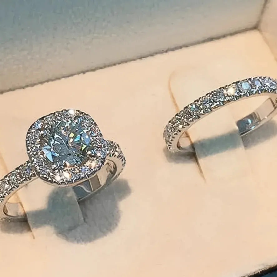 Elegant Round Square CZ Rings for Women Silver Brass Cubic Zirconia Wedding Engagement Jewelry Set