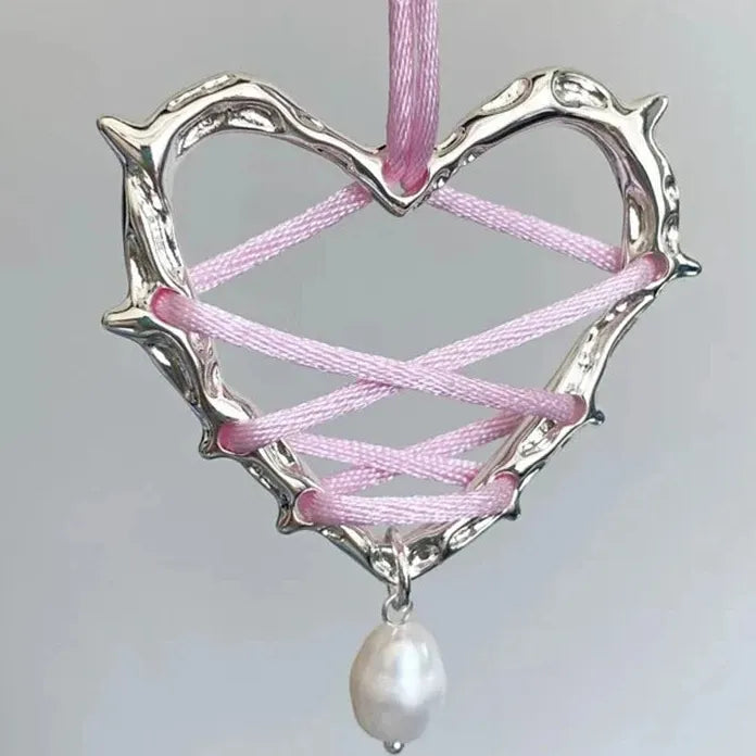 Pink Black Bow Tie Heart Pearl Pendant Necklace for Women Jewelry