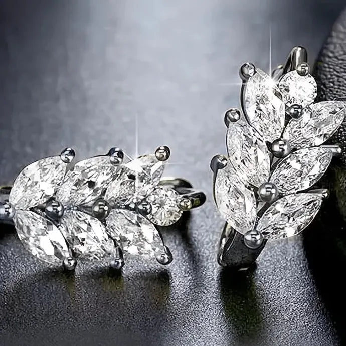 Leaf Shape Hoop Earrings with Marquise White Cubic Zirconia, Brass Alloy