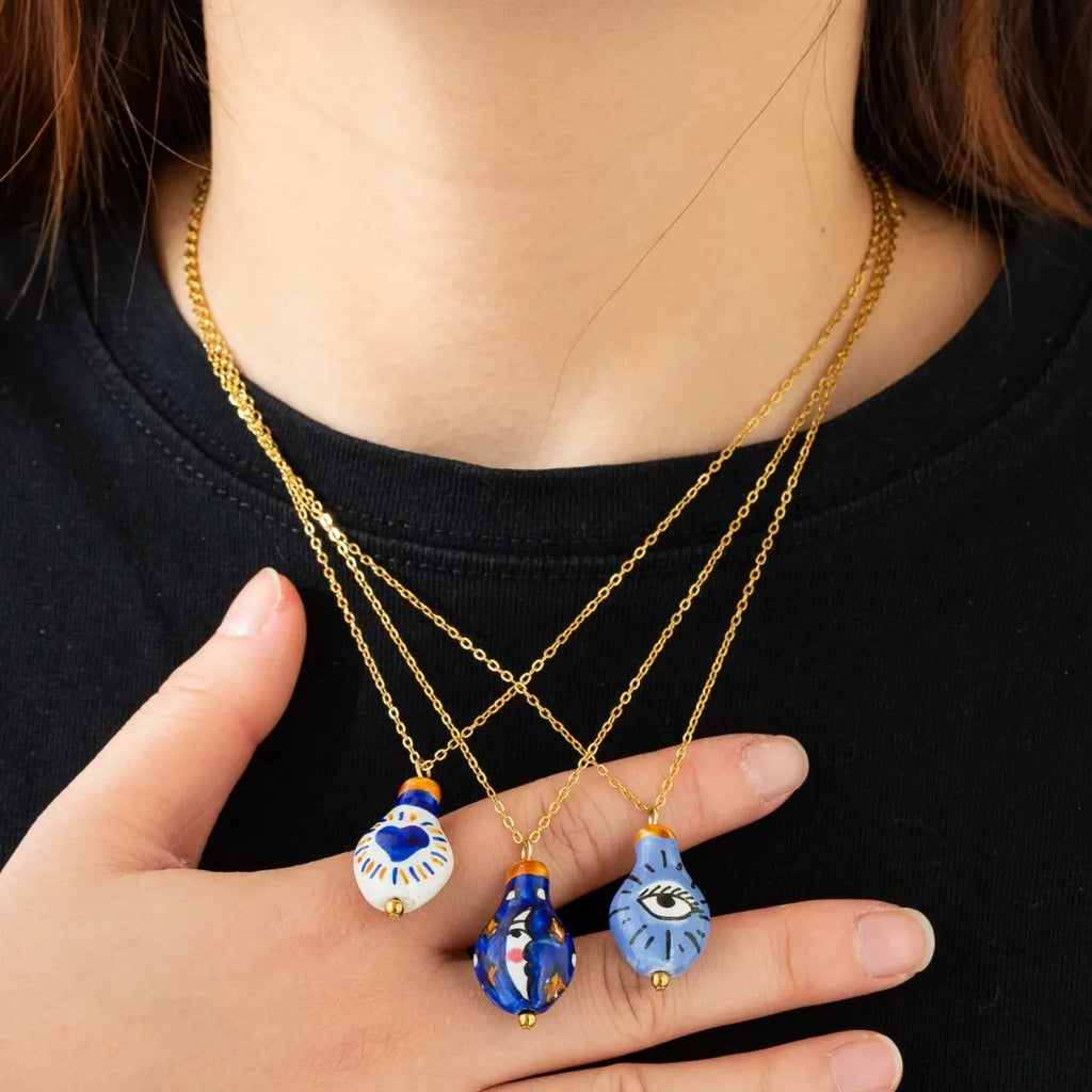 Stainless Steel Geometric Moon Heart Evil Eye Pendant Necklace for Women Jewelry