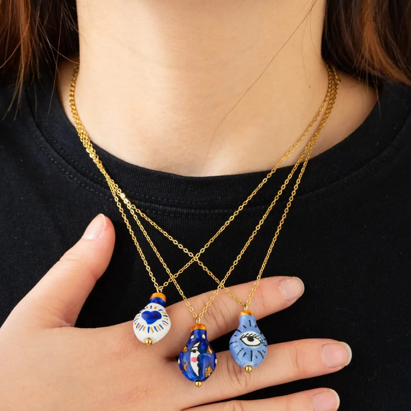 Stainless Steel Geometric Moon Heart Evil Eye Pendant Necklace for Women Jewelry