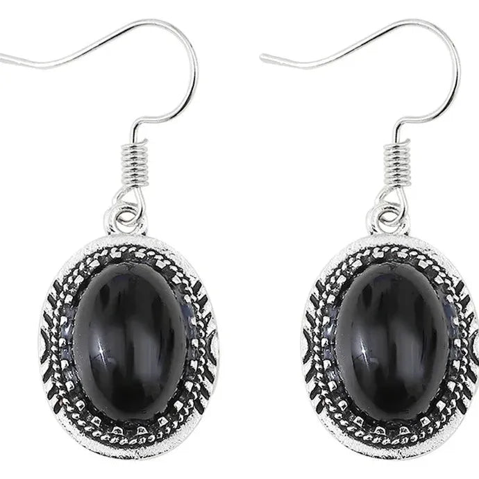 Vintage Silver Large Black Onyx Hoop Stud Earrings Zinc Alloy for Women