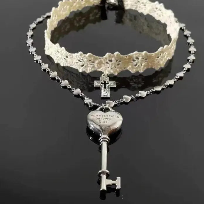 Y2K White Lace Cross Strap Key Pendant Choker Necklace for Women Jewelry