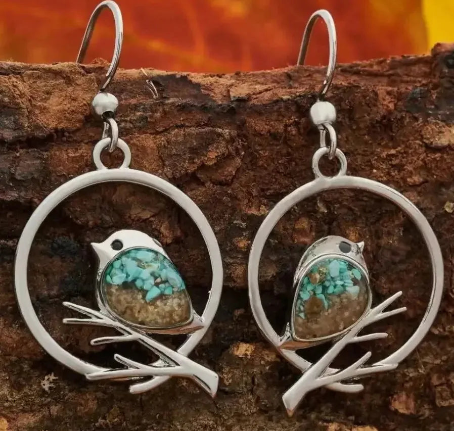 Vintage Branch Bird Drop Earrings Zinc Alloy Resin Women's Jewelry